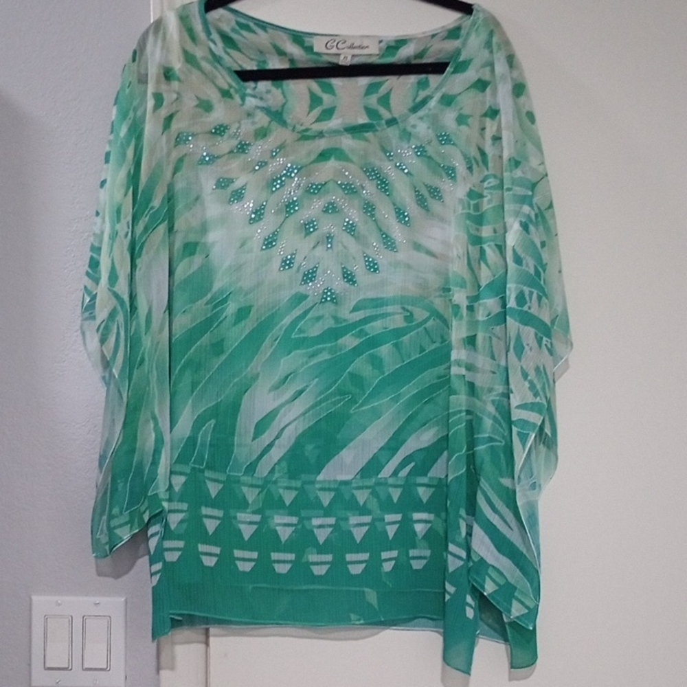 CC Collection Teal Printed Embellished Tunic Top